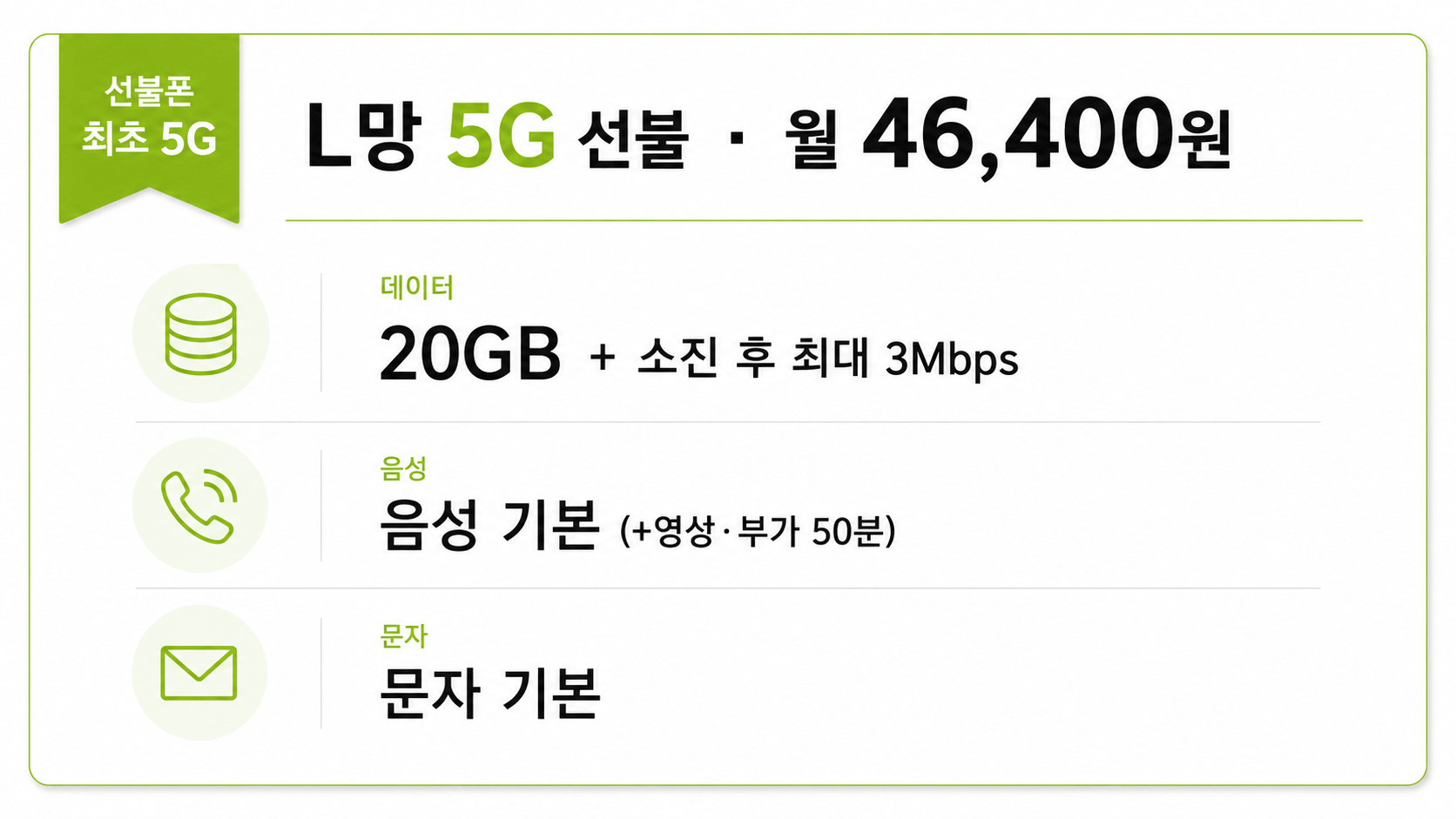 선불폰 5G 요금제 L망 46,400원 데이터 음성 문자 제공량