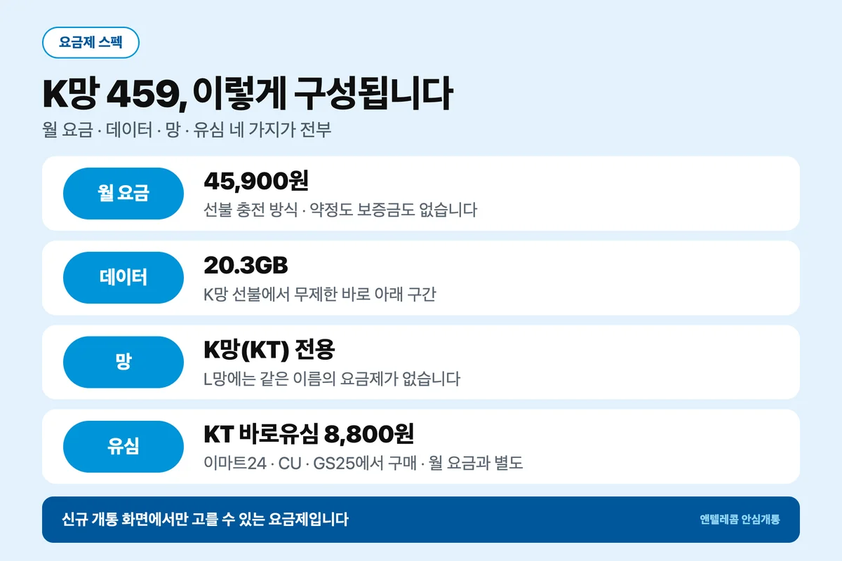 459 요금제 스펙 월 45,900원 데이터 20.3GB K망 전용