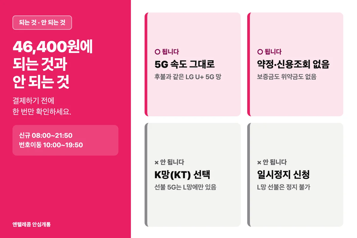 앤텔레콤 L망 5G 464 요금제 되는 것 안 되는 것 비교표